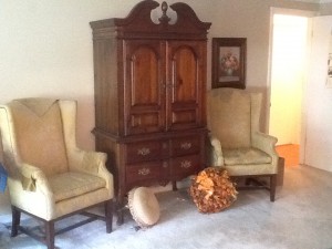 wingback chairs and armoire