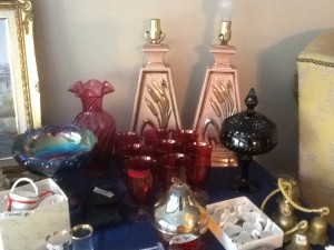 pink retro lamps again surrounded by Fenton, depression and carnival glass